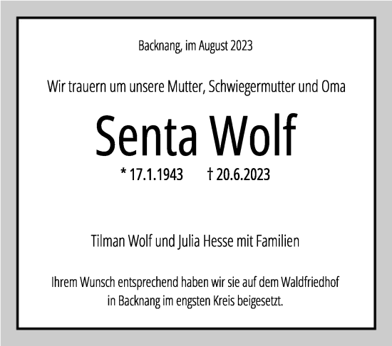 Traueranzeige von Senta Wolf von Marbacher Zeitung