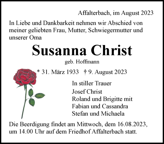 Traueranzeige von Susanna Christ von Marbacher Zeitung