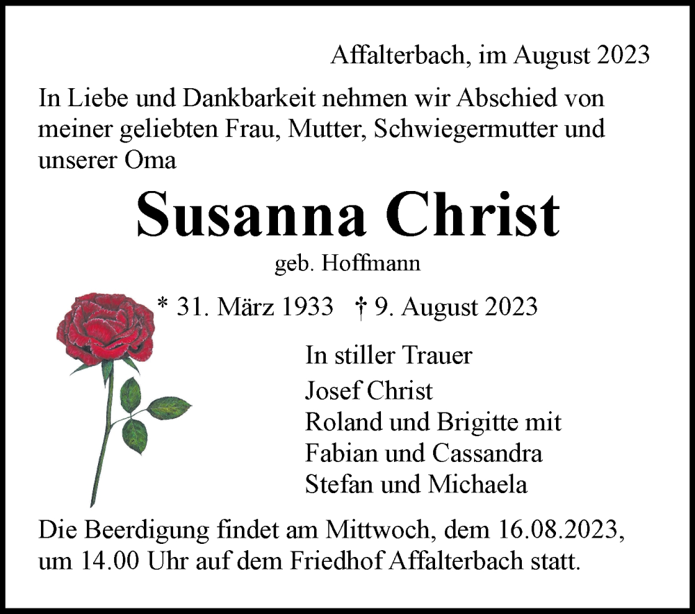  Traueranzeige für Susanna Christ vom 14.08.2023 aus Marbacher Zeitung