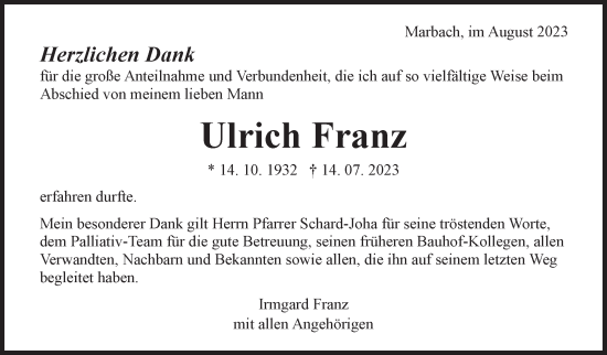 Traueranzeige von Ulrich Franz von Marbacher Zeitung