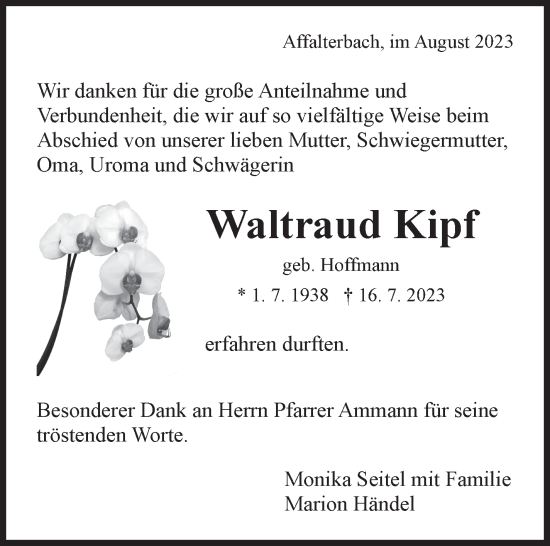 Traueranzeige von Waltraud Kipf von Marbacher Zeitung