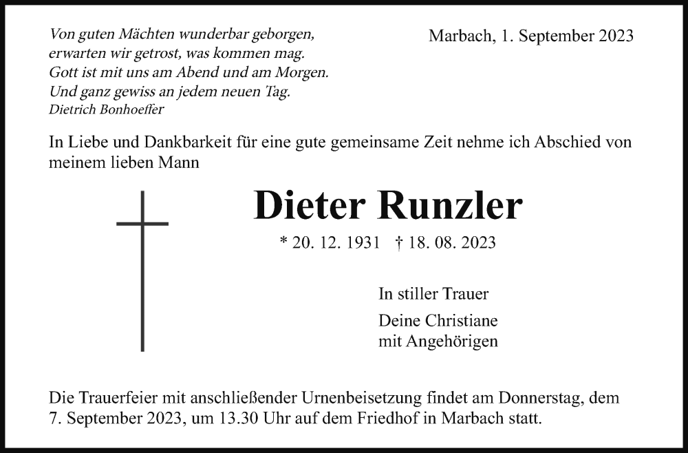 Traueranzeige für Dieter Runzler vom 01.09.2023 aus Marbacher Zeitung