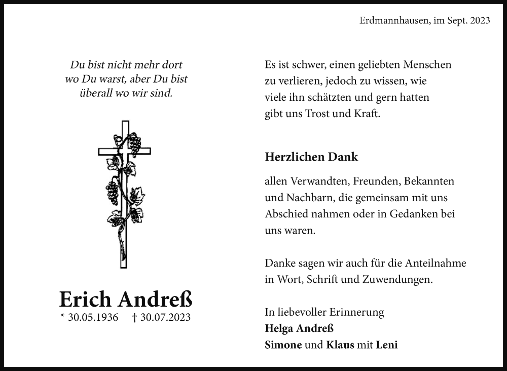  Traueranzeige für Erich Andreß vom 01.09.2023 aus Marbacher Zeitung