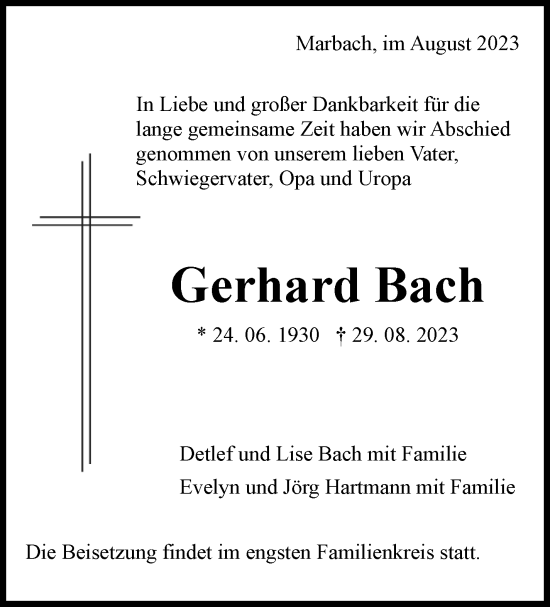 Traueranzeige von Gerhard Bach von Marbacher Zeitung
