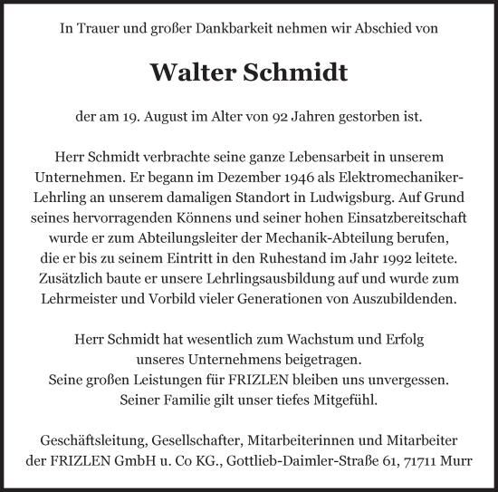 Traueranzeige von Walter Schmidt von Marbacher Zeitung