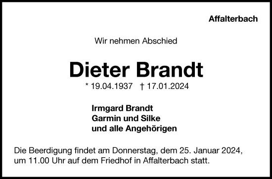 Traueranzeige von Dieter Brandt von Marbacher Zeitung