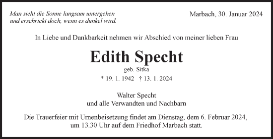 Traueranzeige von Edith Specht von Marbacher Zeitung