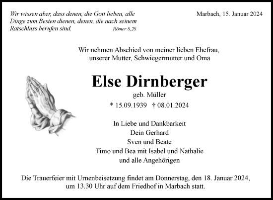 Traueranzeige von Else Dirnberger von Marbacher Zeitung