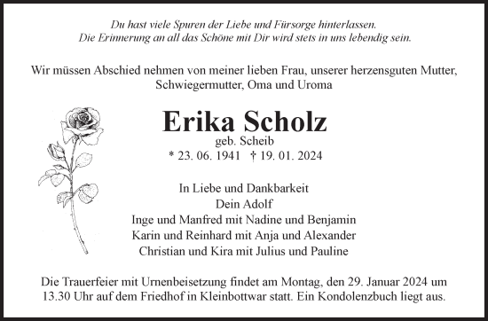 Traueranzeige von Erika Scholz von Marbacher Zeitung