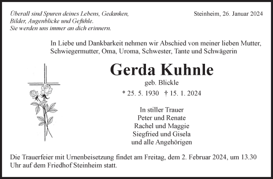 Traueranzeige von Gerda Kuhnle von Marbacher Zeitung