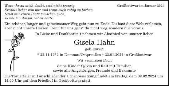 Traueranzeige von Gisela Hahn von Marbacher Zeitung