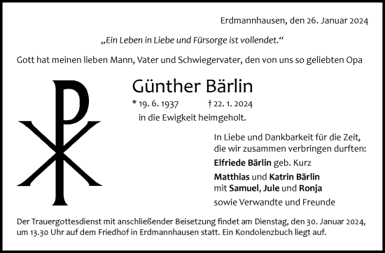 Traueranzeige von Günther Bärlin von Marbacher Zeitung