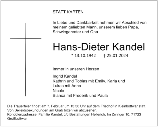 Traueranzeige von Hans-Dieter Kandel von Marbacher Zeitung