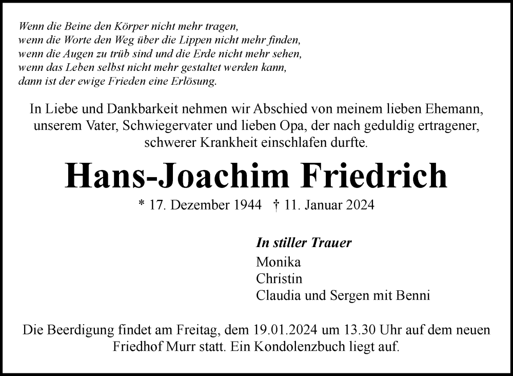  Traueranzeige für Hans-Joachim Friedrich vom 16.01.2024 aus Marbacher Zeitung