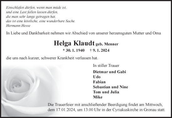 Traueranzeige von Helga Klaudt von Marbacher Zeitung