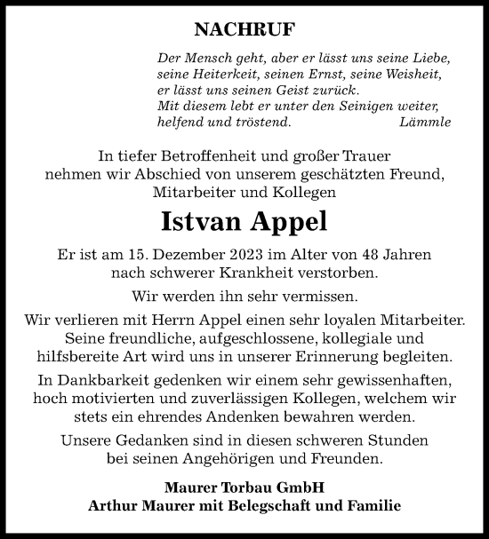 Traueranzeige von Istvan Appel von Marbacher Zeitung