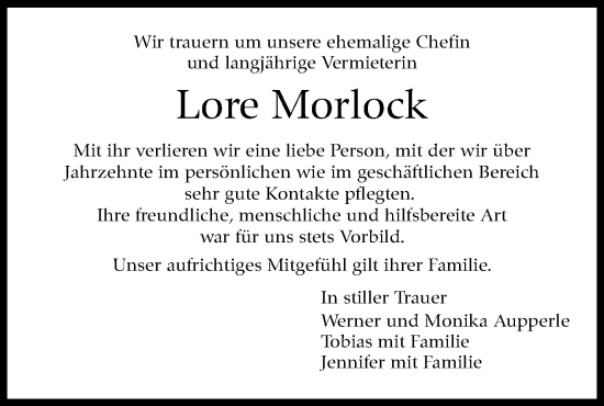 Traueranzeige von Lore Morlock von Marbacher Zeitung