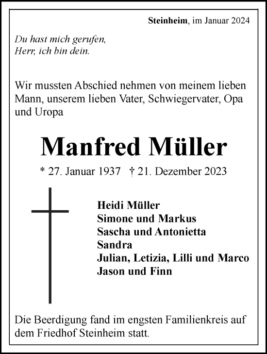 Traueranzeige von Manfred Müller von Marbacher Zeitung