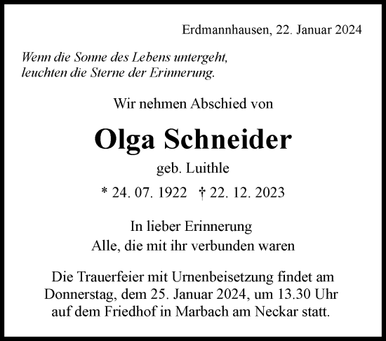 Traueranzeige von Olga Schneider von Marbacher Zeitung