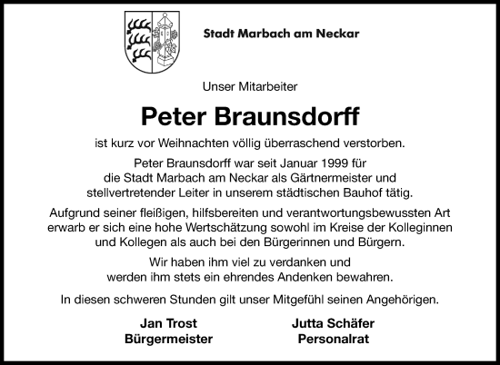 Traueranzeige von Peter Braunsdorff von Marbacher Zeitung