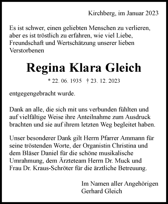 Traueranzeige von Regina Klara Gleich von Marbacher Zeitung