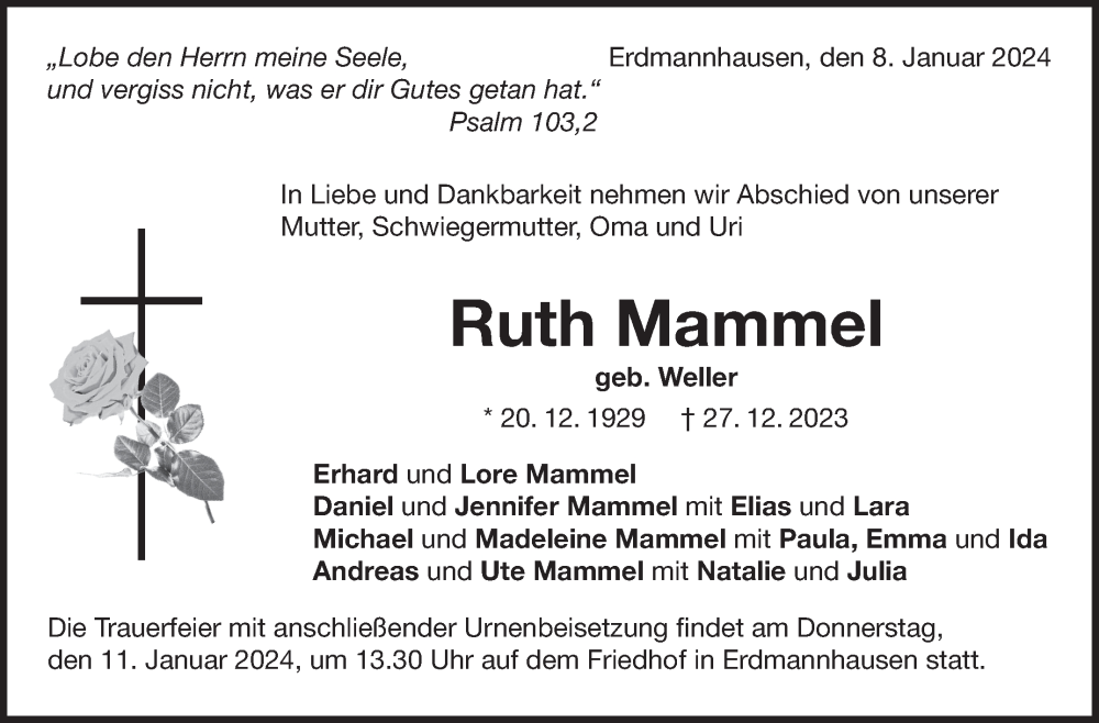  Traueranzeige für Ruth Mammel vom 08.01.2024 aus Marbacher Zeitung