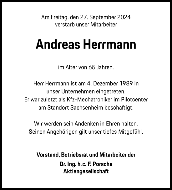 Traueranzeige von Andreas Herrmann von Marbacher Zeitung