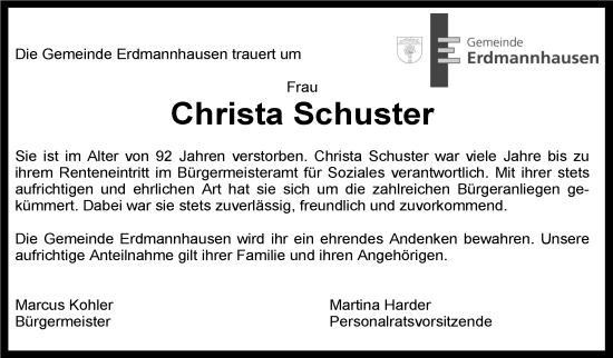 Traueranzeige von Christa Schuster von Marbacher Zeitung