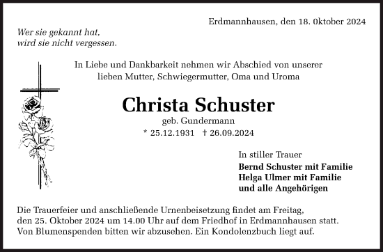 Traueranzeige von Christa Schuster von Marbacher Zeitung