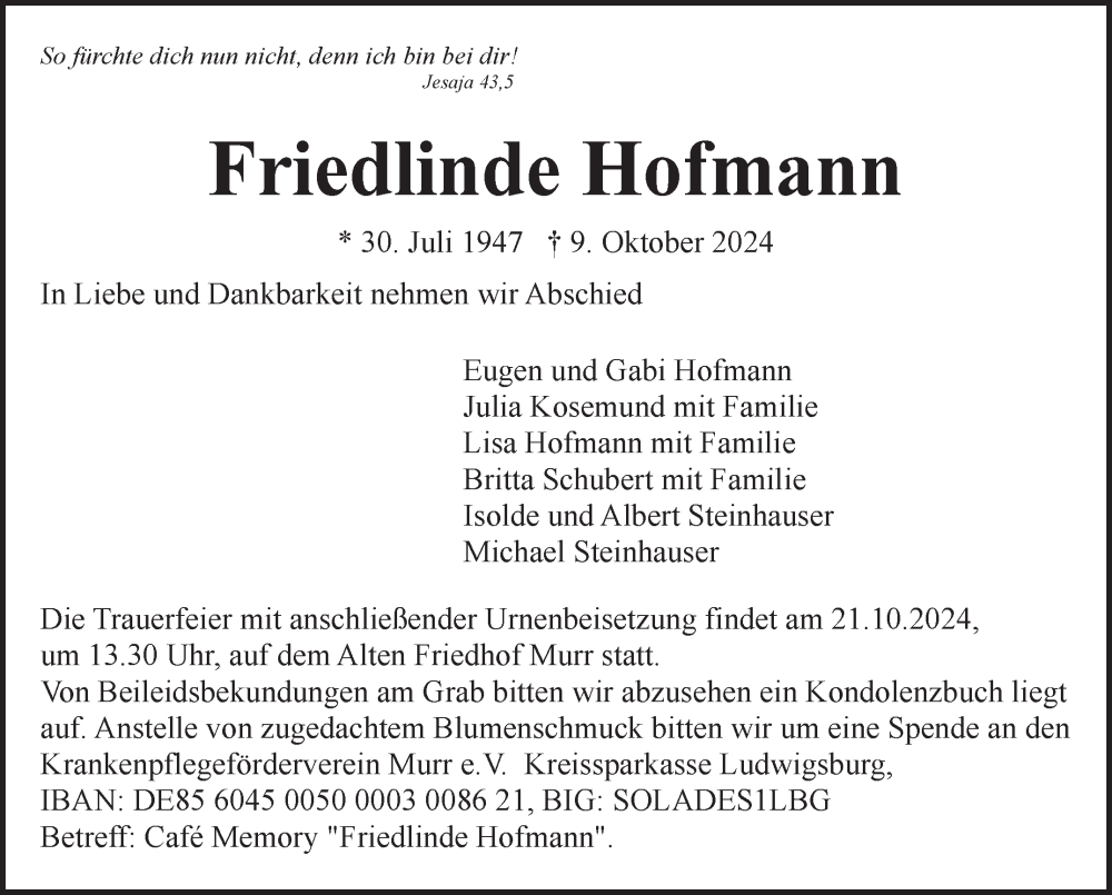  Traueranzeige für Friedlinde Hofmann vom 17.10.2024 aus Marbacher Zeitung