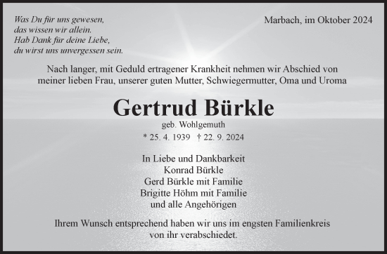 Traueranzeige von Gertrud Bürkle von Marbacher Zeitung