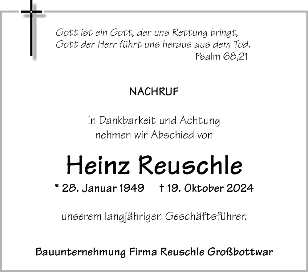  Traueranzeige für Heinz Reuschle vom 25.10.2024 aus Marbacher Zeitung