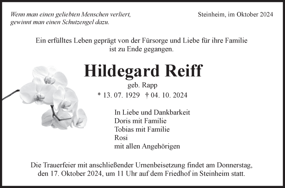  Traueranzeige für Hildegard Reiff vom 14.10.2024 aus Marbacher Zeitung