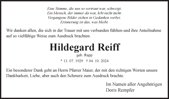 Traueranzeige von Hildegard Reiff von Marbacher Zeitung