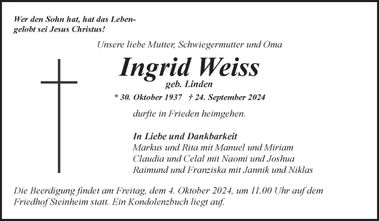 Traueranzeige von Ingrid Weiss von Marbacher Zeitung