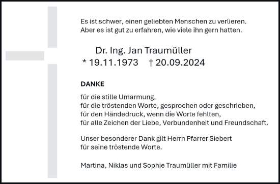 Traueranzeige von Jan Traumüller von Marbacher Zeitung