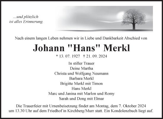 Traueranzeige von Johann Merkl von Marbacher Zeitung