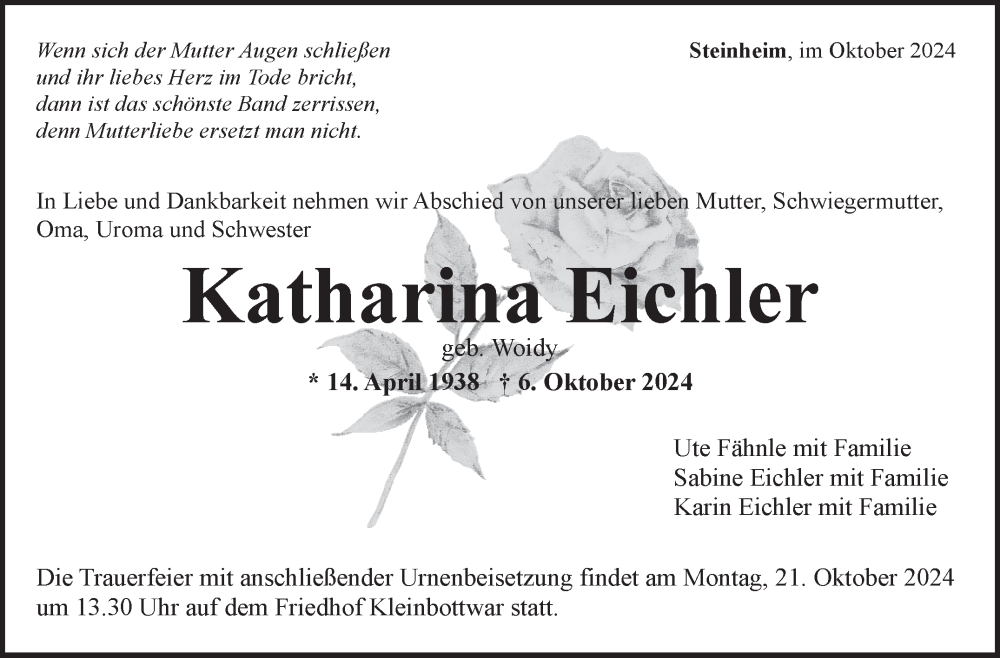  Traueranzeige für Katharina Eichler vom 17.10.2024 aus Marbacher Zeitung