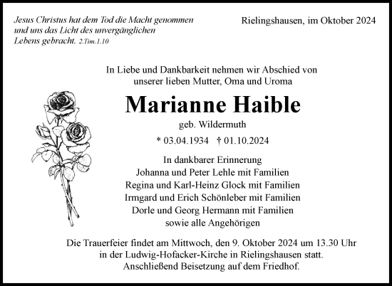Traueranzeige von Marianne Haible von Marbacher Zeitung