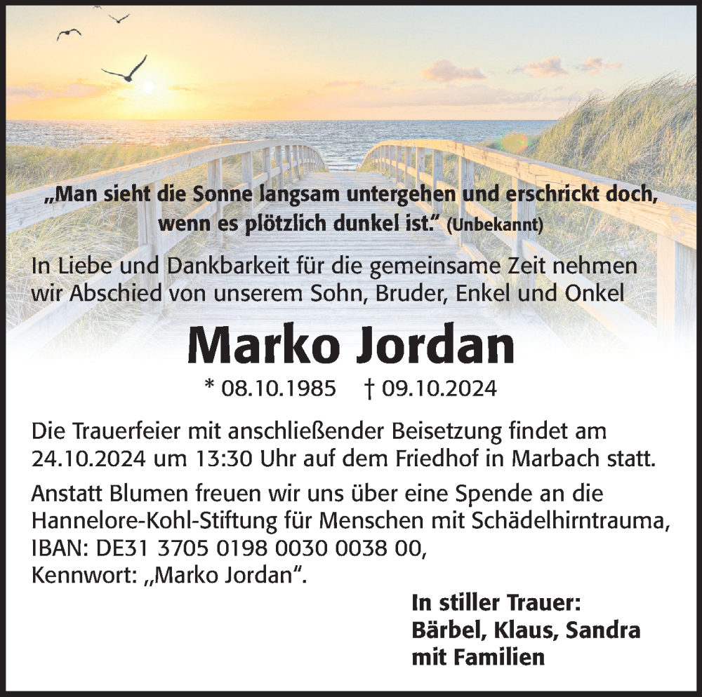  Traueranzeige für Marko Jordan vom 18.10.2024 aus Marbacher Zeitung