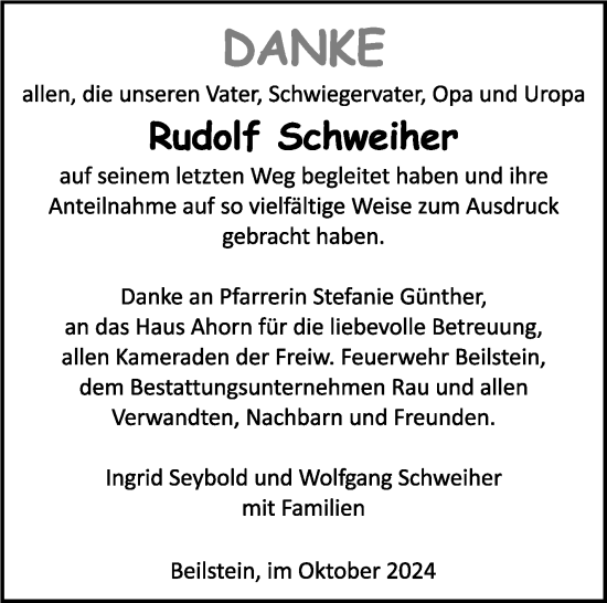 Traueranzeige von Rudolf Schweiher von Marbacher Zeitung