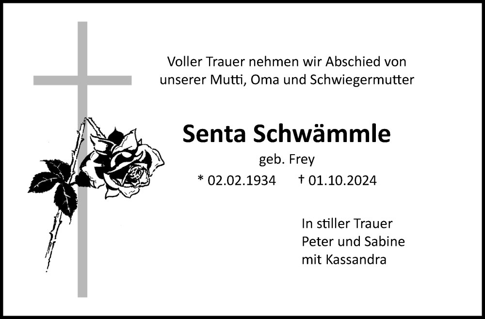  Traueranzeige für Senta Schwämmle vom 14.10.2024 aus Marbacher Zeitung