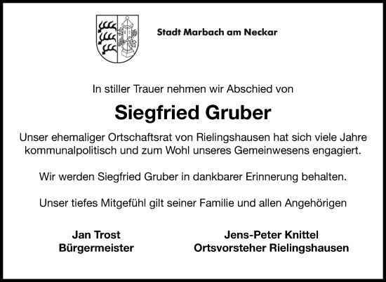 Traueranzeige von Siegfried Gruber von Marbacher Zeitung