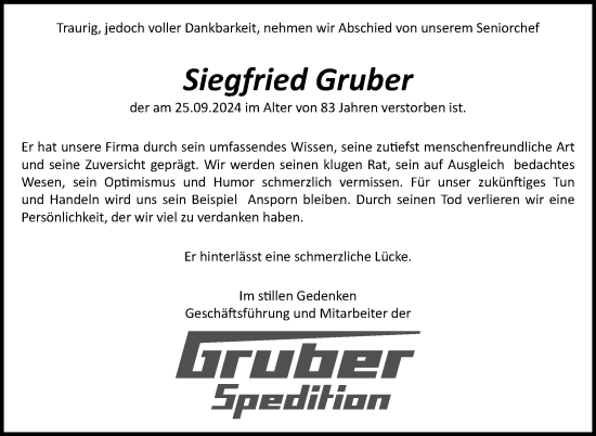 Traueranzeige von Siegfried Gruber von Marbacher Zeitung