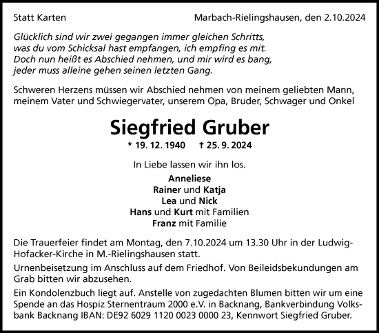 Traueranzeige von Siegfried Gruber von Marbacher Zeitung