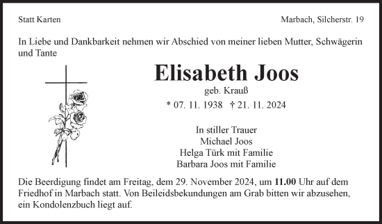Traueranzeige von Elisabeth Joos von Marbacher Zeitung