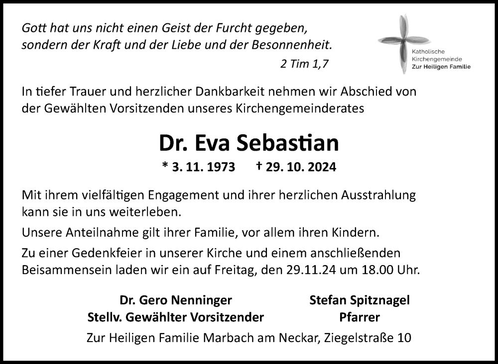  Traueranzeige für Eva Sebastian vom 22.11.2024 aus Marbacher Zeitung