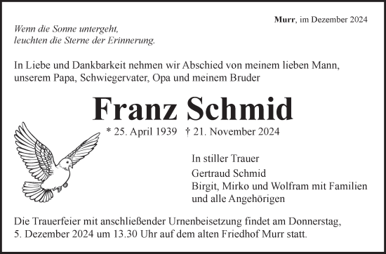 Traueranzeige von Franz Schmid von Marbacher Zeitung