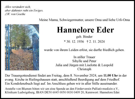 Traueranzeige von Hannelore Eder von Marbacher Zeitung