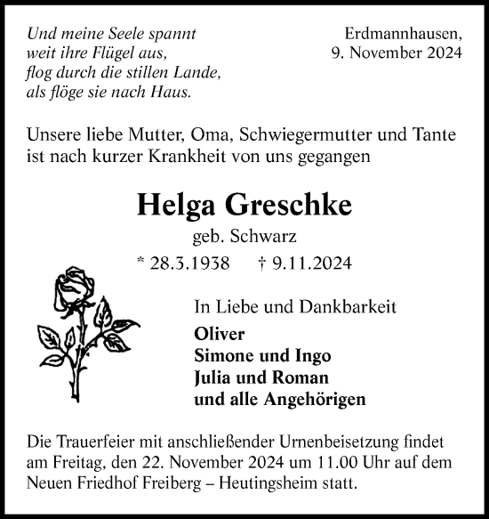 Traueranzeige von Helga Greschke von Marbacher Zeitung